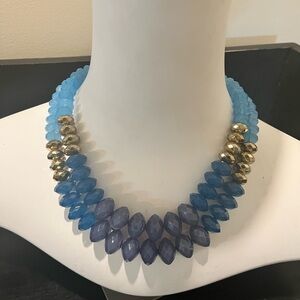Talbots Blue Ombre Triple Strand Statement Necklace Gold Accent Beads